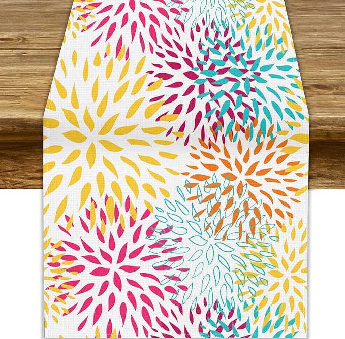 Abstract Flowers Table Runner, Chrysanthemum Dahlia Vintage Modern Colorful Spring Summer Elegant Table Runner for Party Kitchen Dining Living Room Laundry Room Decor, 13x108 Inch