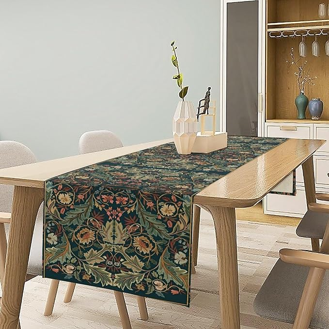 Green Morris Floral Table Runner, Boho Rustic Country Farmhouse Teal Red Rose Pattern for Home Kitchen Table Decor Dining Coffee Room Party Decor 13x60in