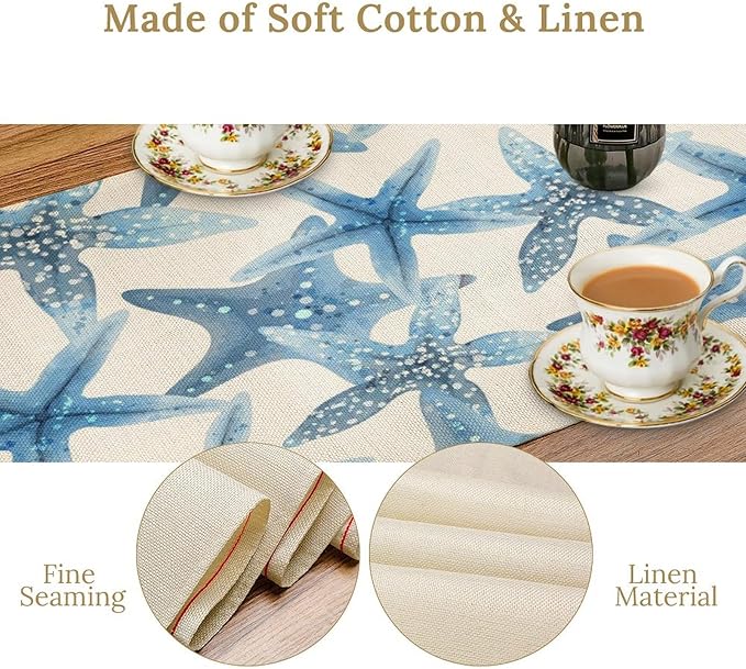 Starfish Plaid Table Flag Green Plaid and Marine Life Starfish Kitchen Table Flag Suitable for Birthday Party Restaurant Decoration Outdoor Picnic 13 * 60 Inch