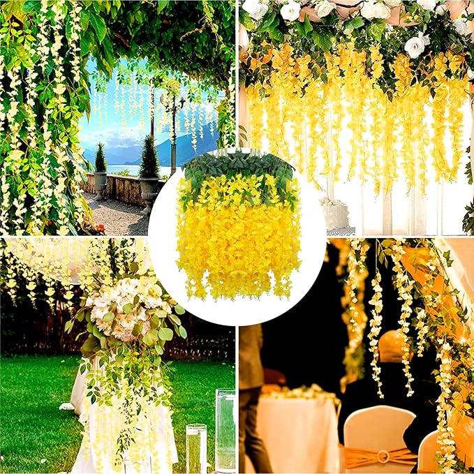 5 Pack Yellow Wisteria Hanging Flowers Garland, 3.77 Feet Artificial Flower Vines, Fake Wisteria, Artificial Vines Hanging Garland for Backdrop Outdoor Yard Garden Decor