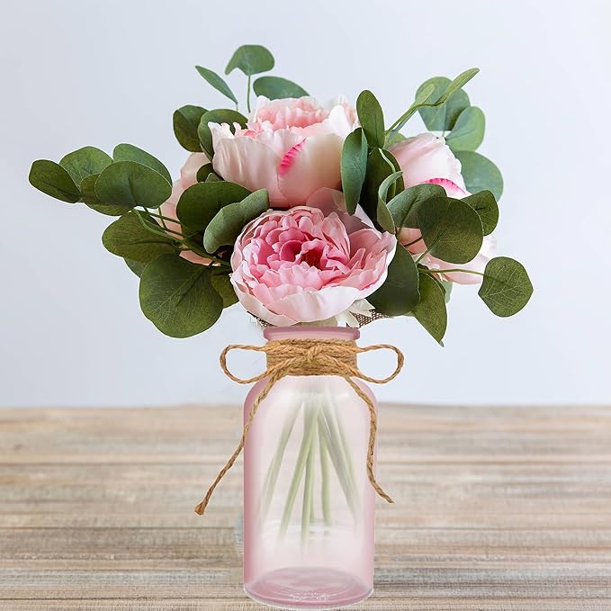 Vintage Glass Flower Vase，6 Pack Pink Farmhouse Glass Centerpiece Vases Mason Jars for Weddings, Parties & Home Decor Bulk (6, Pink)