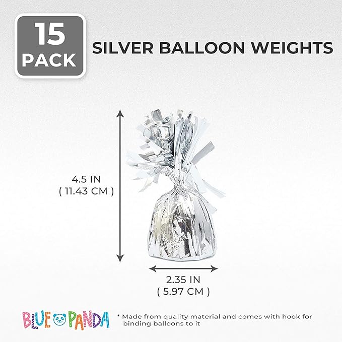 Silver Balloon Weights with Hooks, 15-Pack, Fringed Mylar Top