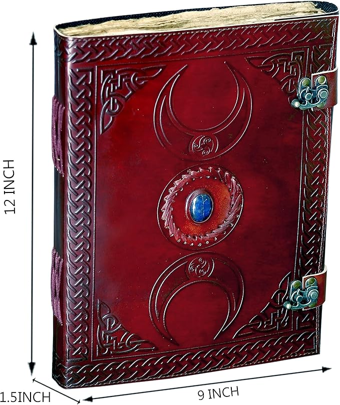 cuero 3 Moon Blue Lapiz Embossed Vintage Leather Journal | 240 Pages of Antique Handmade Deckle Edge Vintage Paper, Leather Sketchbook, Drawing Journal, Great Gift (9 inch 12 inch, brown)