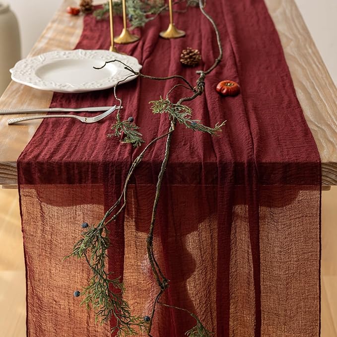 Burgundy Christmas Table Runner Decor Red Cheesecloth Gauze 120 Inch 10 FT Rustic Boho Cheese Cloth Runner for Wedding Baby Bridal Shower Party Long Sheer Home Christmas Decorations