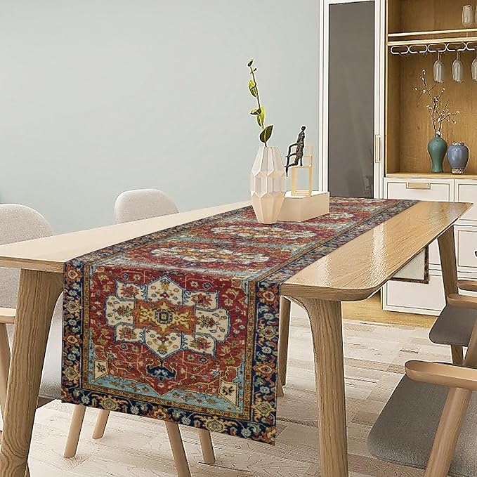 Vintage Boho Floral Table Runner, Rustic Country Farmhouse Red Blue Gold Retro Flower Pattern for Home Kitchen Table Decor Dining Coffee Room Party Decor 13x36in