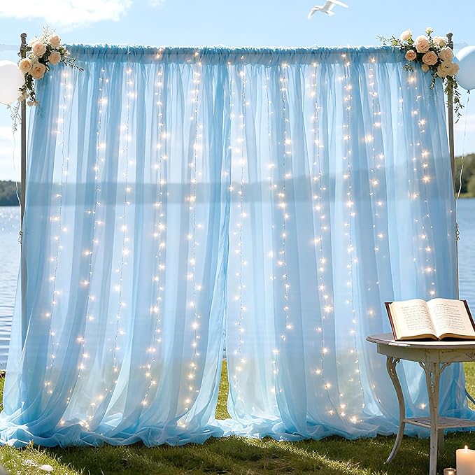 10×8ft Tulle Backdrop Curtains with Lights String - 300LED Fairy Lights Sheer Curtain Backdrop for Weddings Baby Shower and Birthday Party Decorations( 2 Panels 5×8ft)