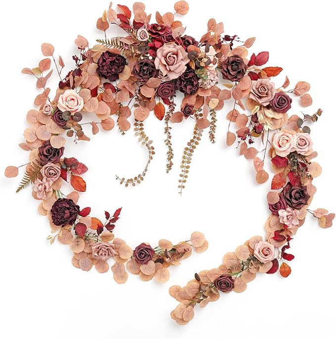 Ling's moment 9FT Eucalyptus and Willow Leaf Garland with White Flower, Handcrafted Wedding Sweetheart Table Centerpieces Head Table Decor Arch Backdrop Decorations for Wedding | Burgundy & Dusty rose