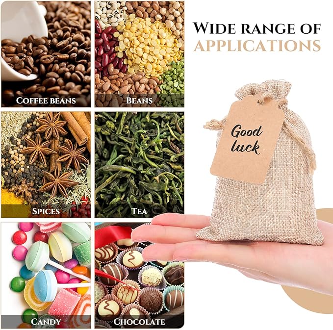 Gift Bags Burlap Drawstring Favor Bags with Kraft Paper Tags, 100 Count