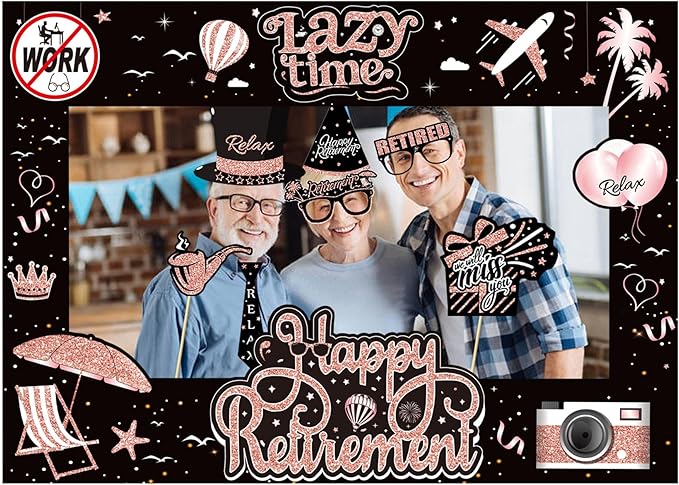 Photo Booth Props, 27 Pieces with Frame, Rose Gold and Black Retirement