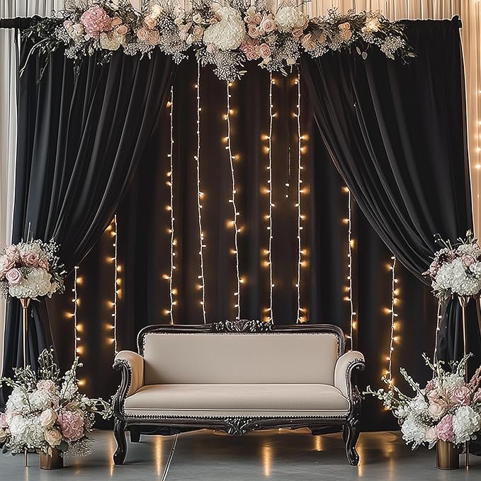 30ftx14FT Wrinkle Free Black Backdrop Curtain, 6 Panels 14FT Height Black Wedding Backdrop Drapes, Silky Polyester Back Drop Cloth for Birthday Photography Background Party Backdrop Draping