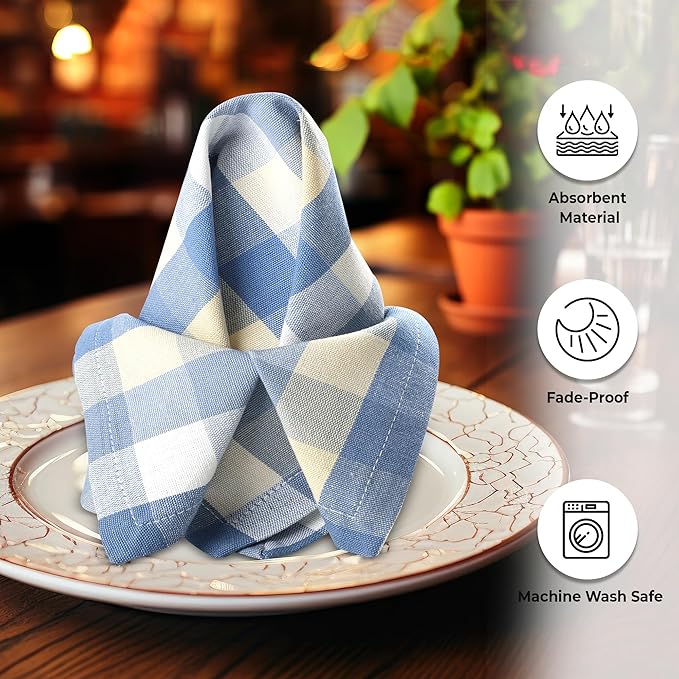 Cloth Napkins in Blue Sand Check, 100% Cotton, 20x20 Inch