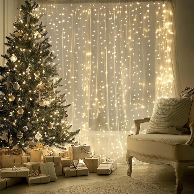 Fairy Curtain Lights, 300 LED Upgraded Tangle-Free Hanging Lights with Remote, USB Plug in String Lights for Bedroom Wall Window Wedding Party Xmas Home Décor - 9.8 x 9.8 Ft, Warm White