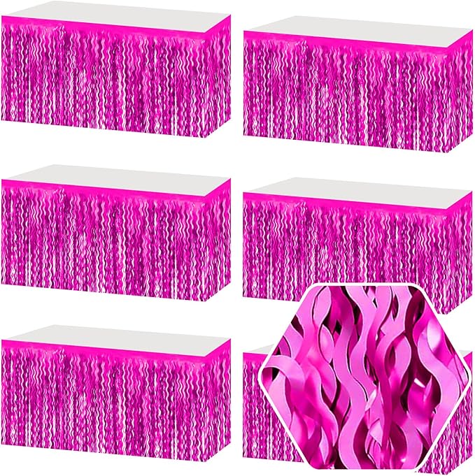 6 Pack 29 x108 Inch Rose Red Wave Foil Fringe Table Skirts Metallic Banner for Tinsel Streamer Garland Backdrop for Parade Floats, Mother's Day, Easter, Wedding, Birthday Party Decoration