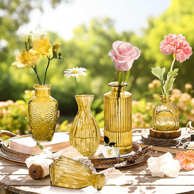 Amber Gold Glass Bud Vases Set of 24, Vintage Small Vases for Flowers, Clear Crystal Mini Style in Bulk, Small Flower Glass for Centerpieces Wedding Decorations Home Party Decor