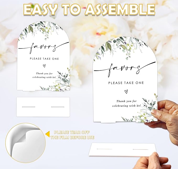Greenery Favors Sign, 6 x 8 Inch White Arch Acrylic Wedding Sign with Holder, Wedding Sign for Ceremony and Reception, Wedding Decoration, Wedding Supplies - LY26