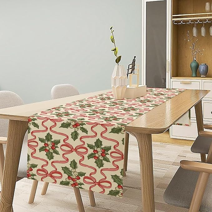 Christmas Table Runner,Xmas Holiday Bowknot Decor Table Cloth Kitchen Dining Table Decoration for Home Party Decor 13x36 Inch