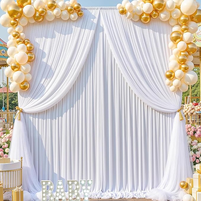20ft x 15ft White Wrinkle Free Backdrop Curtains for Parties,Silky Polyester Fabric Wedding Ceiling Drapes, 4 Panels 15ft Photo Back Drop Drapes for Baby Shower Photography Stage Background Cloth