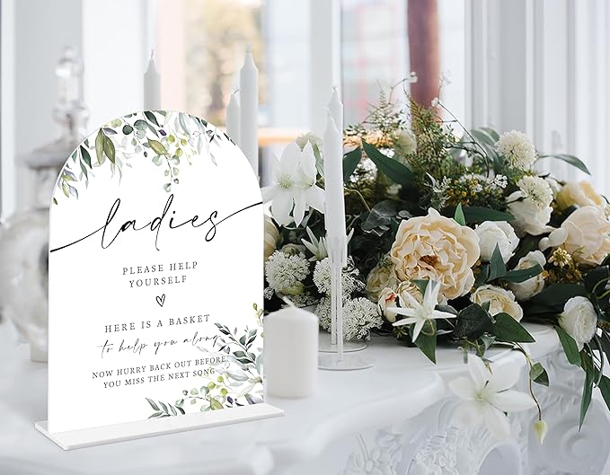 2 Pcs Greenery Wedding Bathroom Ladies & Gents Signs, 6 x 8 Inch White Arch Acrylic Wedding Sign with Holder, Wedding Sign for Ceremony and Reception, Wedding Decoration, Wedding Supplies - LY32