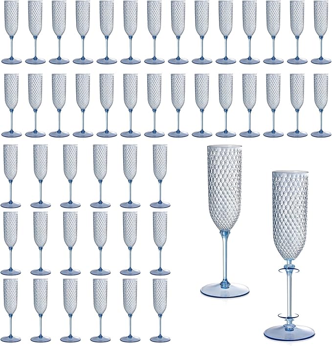 Champagne Glasses, Dusty Blue Detachable Plastic 5.5 oz Flutes