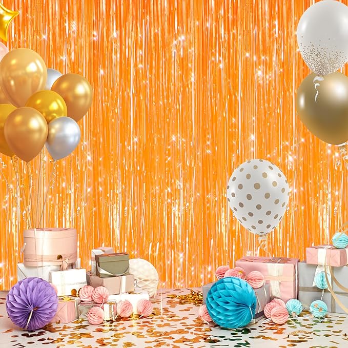 GCB 2Pack Orange Fringe Curtain Party Streamers, Foil Fringe Backdrop Curtains for Birthday Decorations Wedding Graduation Bridal Baby Shower Tinsel Streamers Orange Party Decorations Door Streamer