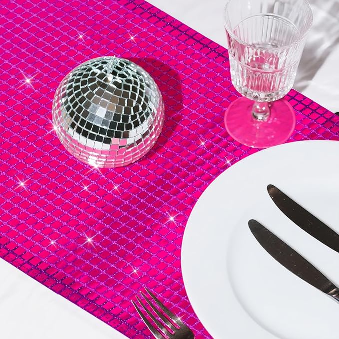 SquarePie Disco Table Runner 6 Pack - Hot Pink Mirror Sequin Glitter Foil Runner for Disco Party Decor Retro 70s 80s Theme, Bachelorette Birthday Dance Decoration 12x108 Inch
