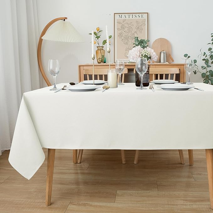 Biscaynebay Textured Fabric Tablecloths 90x156 Inches Rectangular, Ivory Water Resistant Tablecloths for Dining, Kitchen, Wedding, Parties etc. Machine Washable