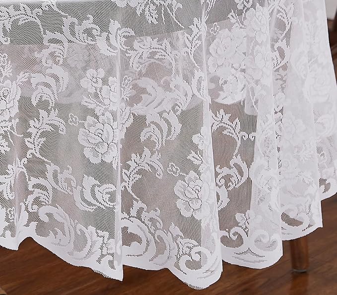LinenZone White Round Tablecloth for Rustic Vintage Decor. Sheer Lace Table Cloth Works Great As Wedding Tablecloth or Thanksgiving Table Cover. (Mia 60 Round, White)