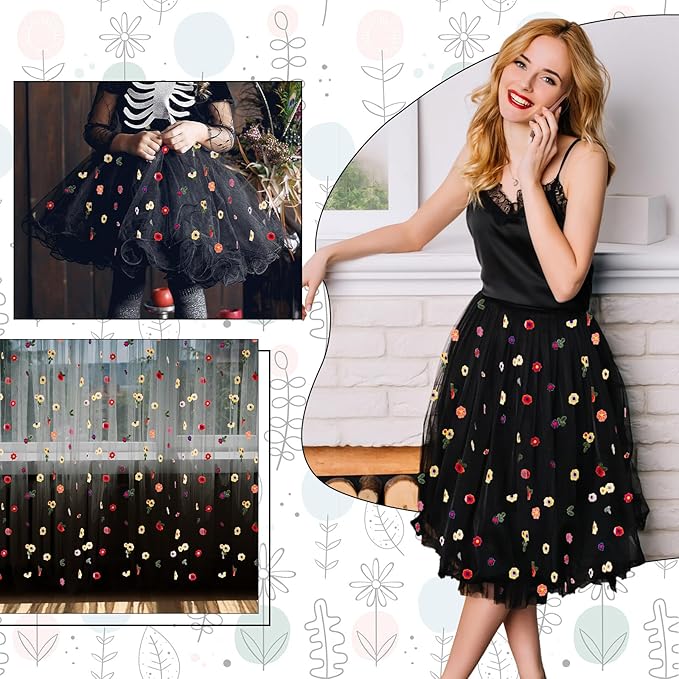 BINBE 1pcs Black Daisy Fall Table Runner Embroidery Gauze 10FT Florals Seasonal Tulle Holiday Birthday Kitchen Dining Table Decor for Home Party