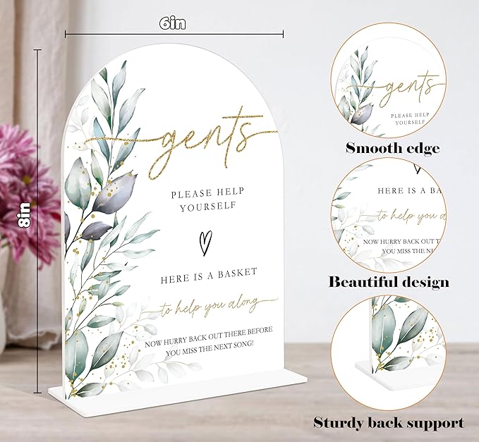 Acrylic Wedding Signs, Greenery Theme Gents Please Help Yourself Sign, Bridal Shower Table Decor with Stand, Wedding Bathroom Basket Supplies for Engagement, Anniversary, Newlywed Event and Party, 08