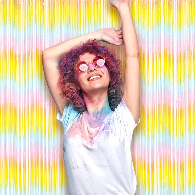 2 Pack Pastel Rainbow Foil Fringe Backdrop Curtains, Tinsel Streamers Birthday Party Decorations, Fringe Backdrop for Baby Shower, Gender Reveal, Birthday Party