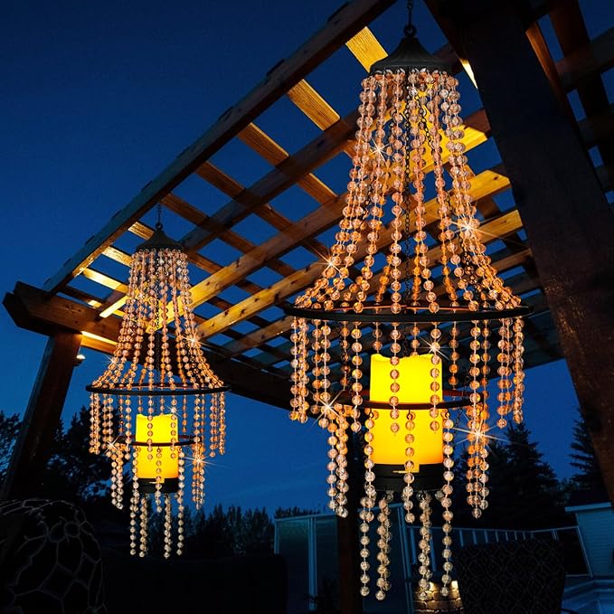 Battery Operated Hanging Chandelier Outdoor Indoor, 28” Modern Acrylic Crystal Hanging Beaded Lantern with Led Candle Light, Pendant Lights Decor for a Gazebo, Garden, Backyard, Patio, Balcony, Porch