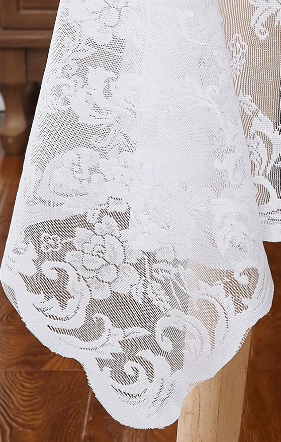 LinenZone White Rectangle Tablecloth for Rustic Vintage Decor. Sheer Lace Works Great As Wedding, Thanksgiving or Christmas Tablecloth (Mia TC 60 x 84, White)