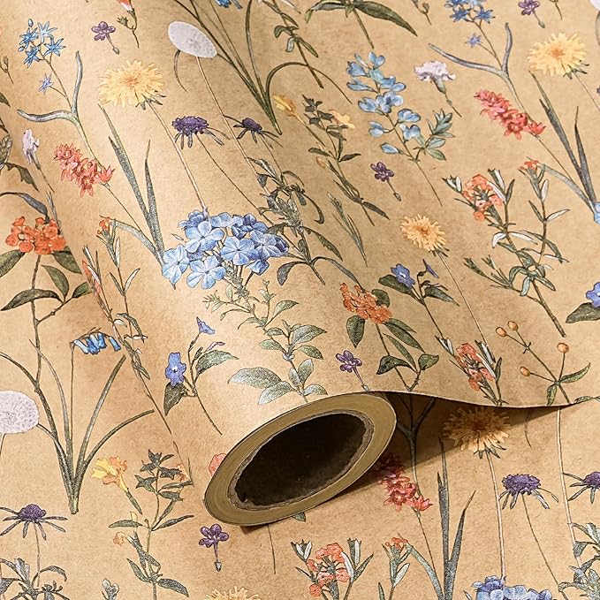 WRAPAHOLIC Kraft Floral Wrapping Paper Roll - Mini Roll - 17 Inch x 33 Feet - Wildflower Wrapping Paper Perfect for Girls Women Birthday, Wedding, Bridal Shower
