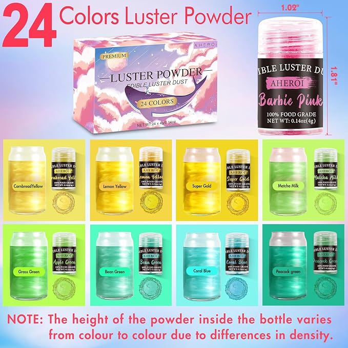 Dusting Powders: Edible Luster Dust Set, 24 Vivid Colors, 4g Bottles