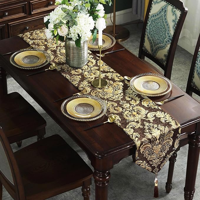Embroidered Dark Brown Table Runners 120" Boho Thick Chenille Gold Floral Pattern for Party Decor