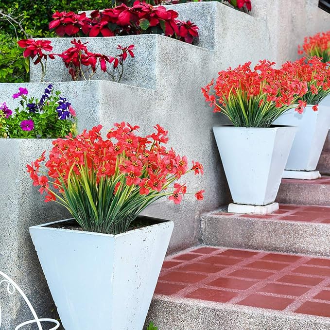 20 Bundles Artificial Flowers Outdoor UV Resistant Fake Flowers No Fade Faux Plastic Plants Garden Porch Window Box Decorating (Deep Red)…