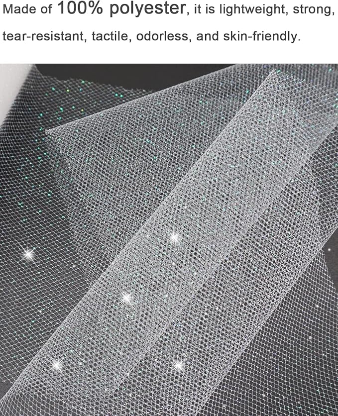 Glitter Tulle Fabric Rolls, 6 Inch 50 Yards (150ft) Sparkling Spool Ribbon Sequin Netting for Tutu Skirt Gift Wrapping Wedding Party Decoration (White)