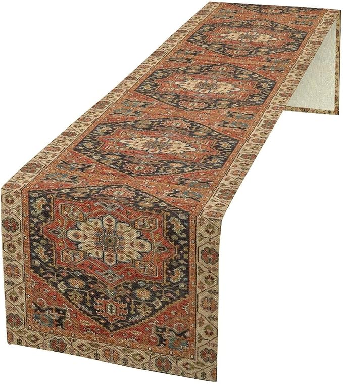 Vintage Boho Floral Table Runner, Rustic Country Farmhouse Orange Black Retro Flower Pattern for Home Kitchen Table Decor Dining Coffee Room Party Decor 13x108in