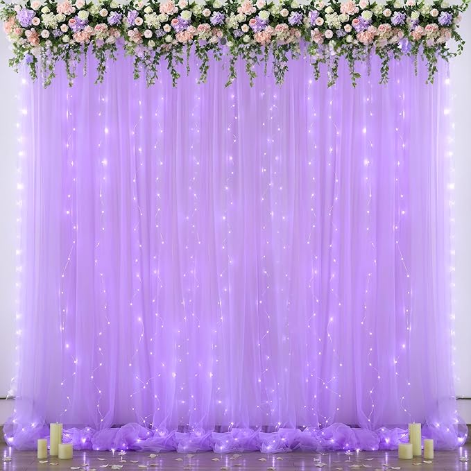 Lavender Tulle Photo Backdrop Curtain with Lights String for Parties Wedding Bridal Shower Sheer Lavender Curtain Backdrop for Birthday Baby Shower Photo Booth Photography 10ft x 8ft