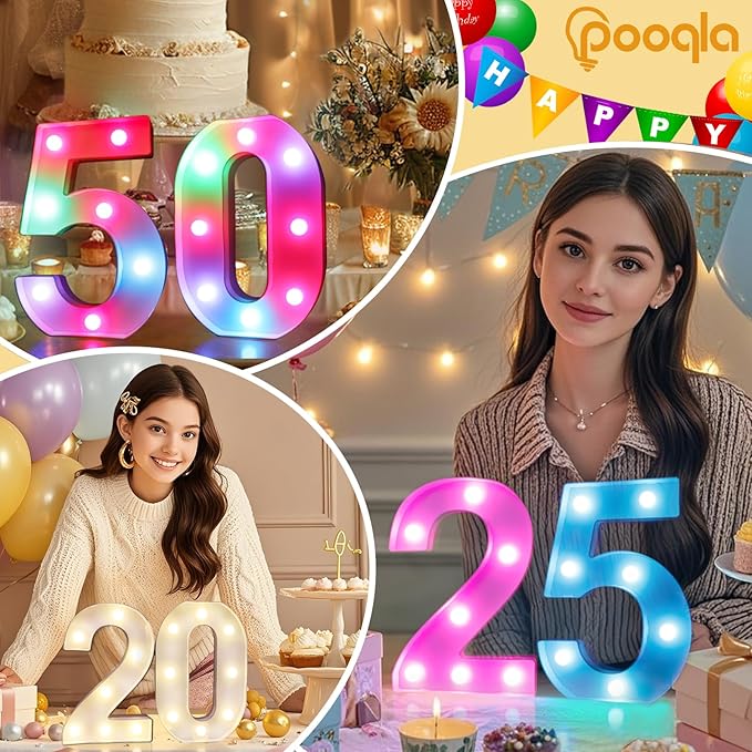 Pooqla Colorful Lighted Numbers with Remote, 35 Colors Light Up Numbers for Party, RGB LED Marquee Number Lights Gift for 5th Birthday Decorations, Wedding, Bar, Night Light, Home Decor, Number 5