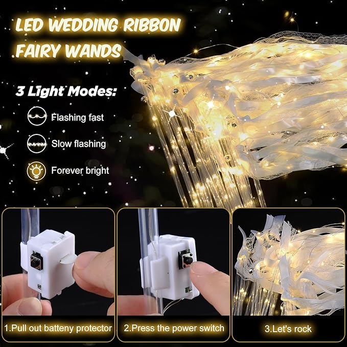 100PCS Light up Wands for wedding, Wedding Wands Streamers with 3 Colorful Flashing Modes, Fairy Wands, LED Silk Fairy Wand with Bells for Wedding, New Year, Thanksgiving, Concert