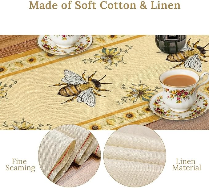 Honey Bee Table Runner, Farmhouse Yellow Sunflower Retro Summer Linen Tables Runners for Kitchen Dining Table Home Party Decor, 13x90inch