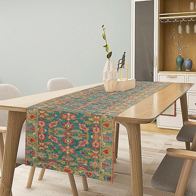 Vintage Boho Floral Table Runner, Rustic Country Farmhouse Teal Red Purple Flower Pattern for Home Kitchen Table Decor Dining Coffee Room Party Decor 13x108in