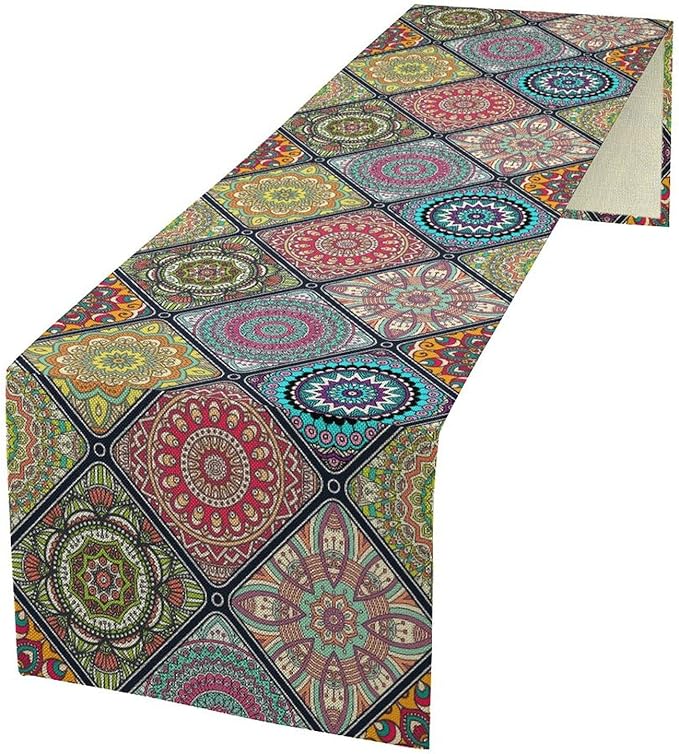Boho Bohemian Table Runner, Vintage Indian Floral Print Table Cover for Farmhouse Kitchen Dining Table Decor Holiday Party, 13x70inch