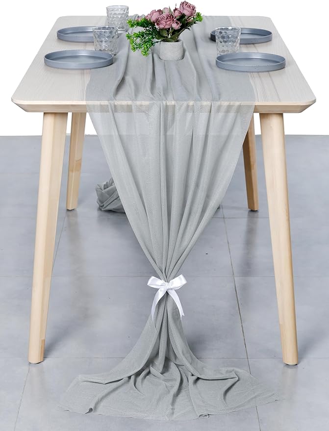 MDS 20 Pack 10ft Chiffon Table Runner 29 x 120 Inches Sheer Wedding Runner Romantic Rustic Table Runner for Wedding Decorations, Birthday Parties, Bridal Shower Party Arch Decor - Gray