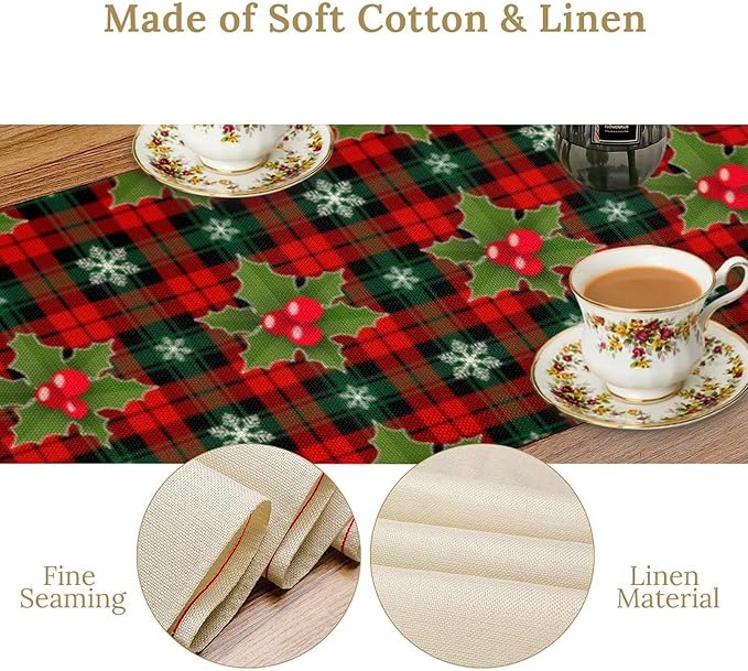 Christmas Table Runner, Red Check Plaid Winter Xmas Holiday Table Cloth Kitchen Dining Table Decoration for Home Party Decor 13x70 Inch