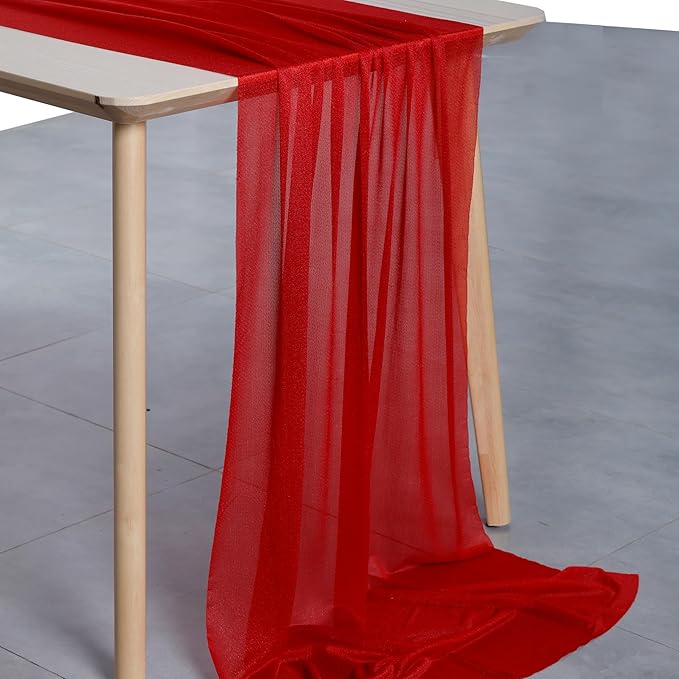 MDS 2 Pack 10ft Chiffon Table Runner 29 x 120 Inches Sheer Wedding Runner Romantic Rustic Table Runner for Wedding Decorations, Birthday Parties, Bridal Shower Party Arch Decor - Red