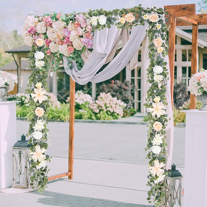 Waipfaru 6.07Ft Eucalyptus Greenery Garland with Flowers, Dusty Blue and White Rose Flower Vines for Wedding Table Runner Centerpieces Backdrop Room Decor