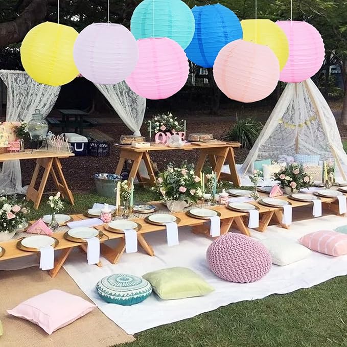 Round Paper Lanterns with Metal Frames, 12 Piece Macaroon Party Set
