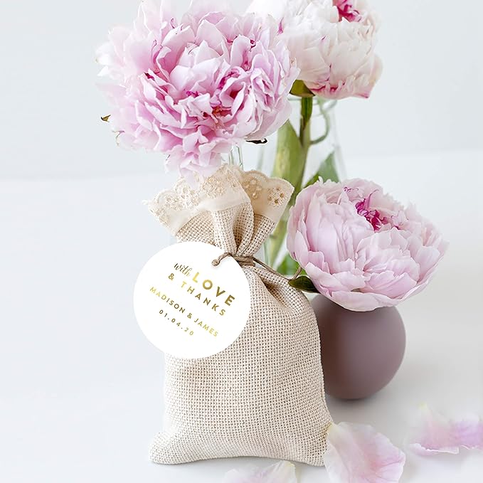 Andaz Press Personalized Round Circle Wedding Gift Tags, Metallic Gold Ink, with Love and Thanks, 24-Pack, Custom Made Any Name